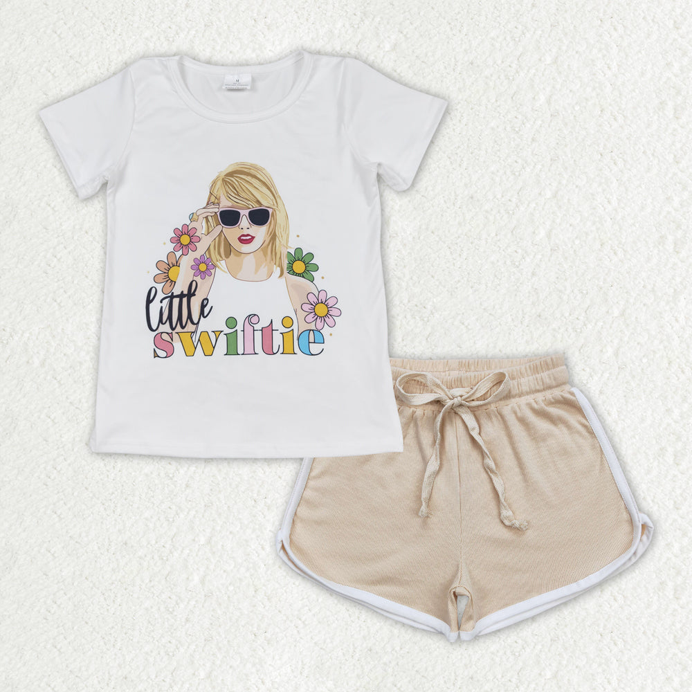 GSSO1342 Flowers Singer Swiftie Top Khaki Shorts Girls Summer Clothes Set