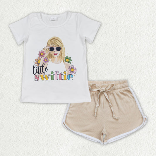 GSSO1342 Flowers Singer Swiftie Top Khaki Shorts Girls Summer Clothes Set