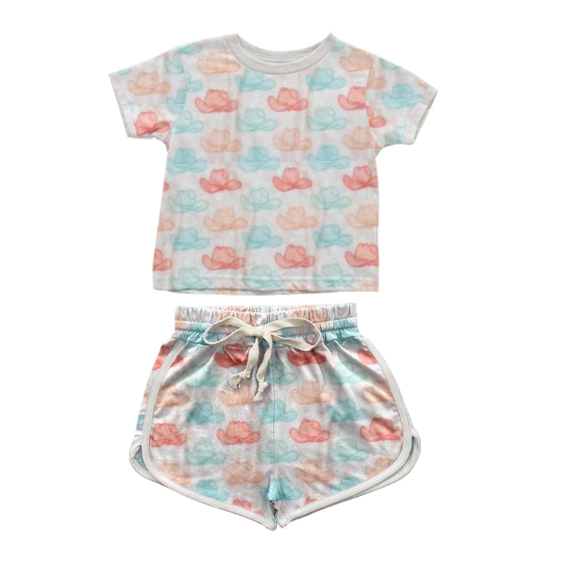 (Pre-order)GSSO1347 Colorful Hats Print Girls Summer Western Clothes Set
