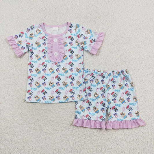 GSSO1363 Cartoon Dog Print Girls Summer Pajamas Clothes Set