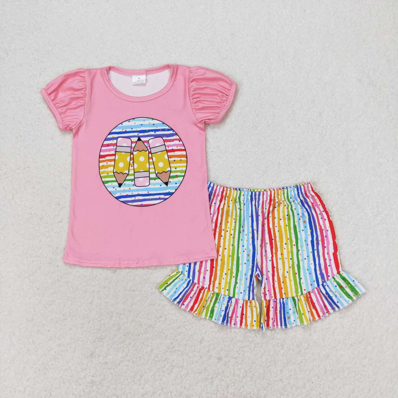 GSSO1366 Pen Pink Top Rainbow Stripes Shorts Girls Back to School Clothes Set