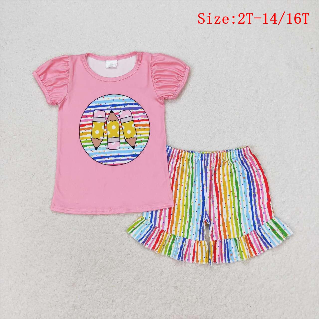 GSSO1366 Pen Pink Top Rainbow Stripes Shorts Girls Back to School Clothes Set