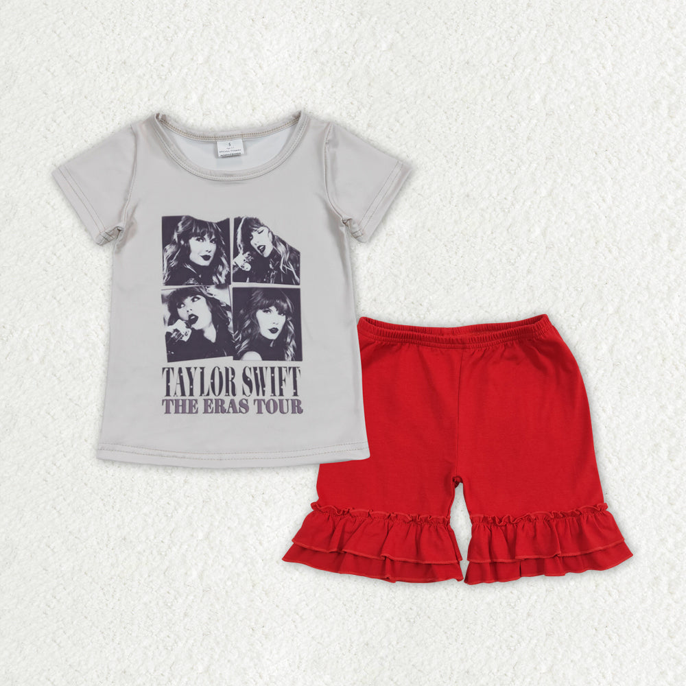 GSSO1376 The ERAS Tour Singer Swiftie Top Red Shorts Girls Summer Clothes Set