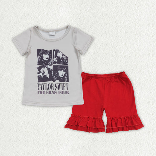 GSSO1376 The ERAS Tour Singer Swiftie Top Red Shorts Girls Summer Clothes Set