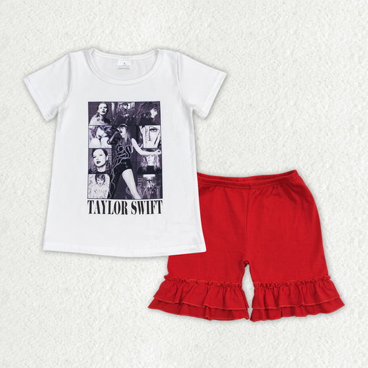 GSSO1378 Singer Swiftie Top Red Shorts Girls Summer Clothes Set
