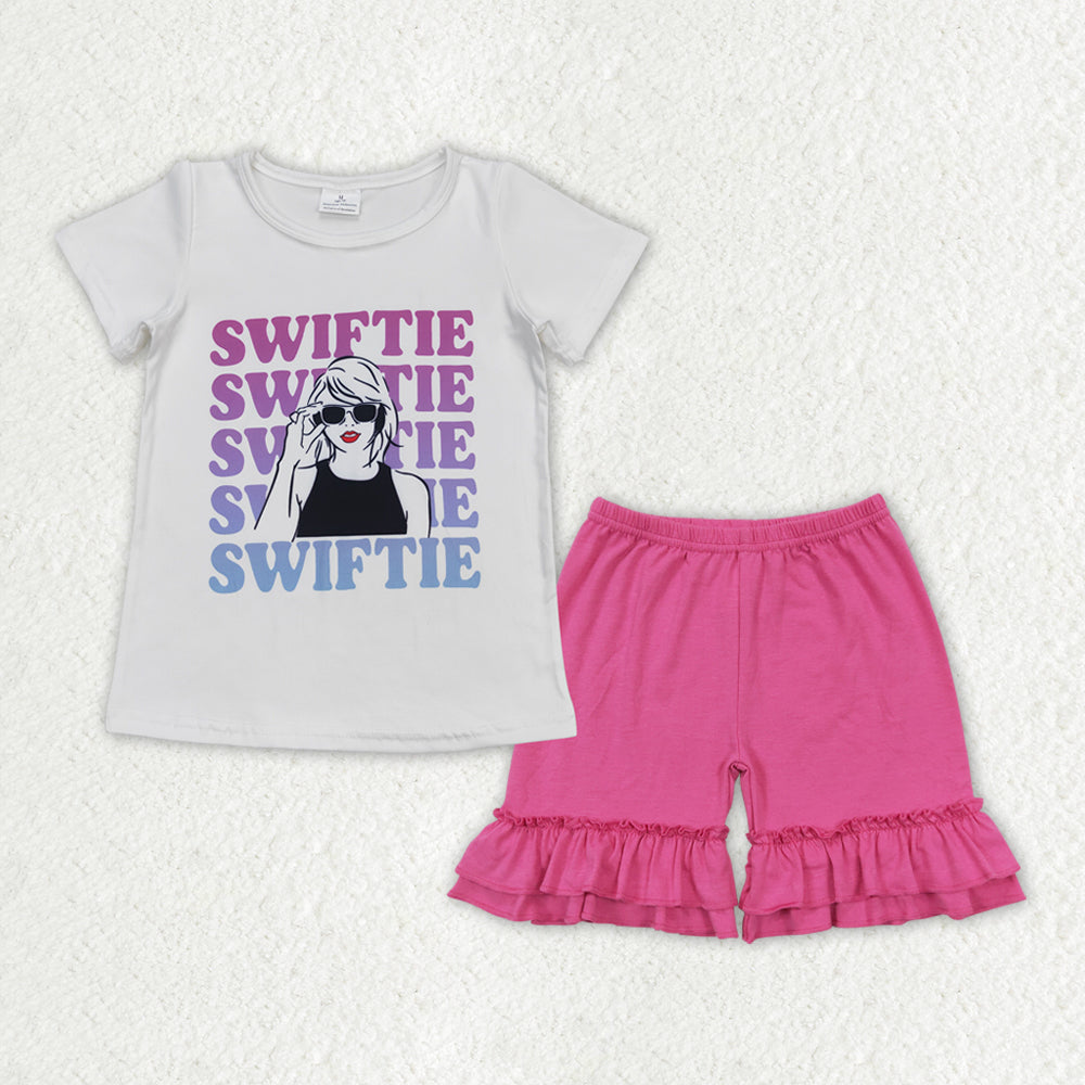 GSSO1383 Singer Swiftie White Top Pink Shorts Girls Summer Clothes Set