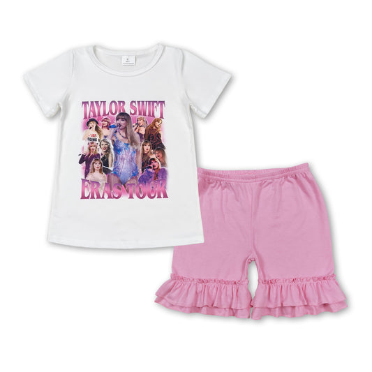 GSSO1390 Singer Swiftie White Top Ruffle Shorts Girls Summer Clothes Set