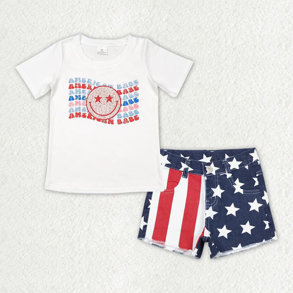 GSSO1439 AMERICAN BABE Smiling Face Top Blue Star Red Stripes Denim Shorts Girls 4th of July Clothes Set