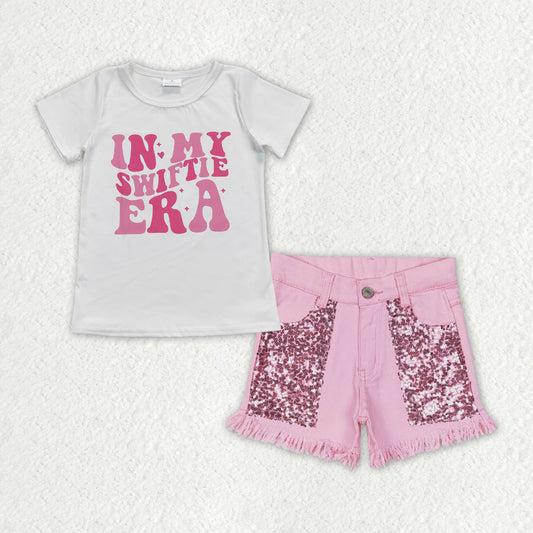 GSSO1444 In My Swiftie ERA Singer Top Pink Denim Sequin Shorts Girls Summer Clothes Set