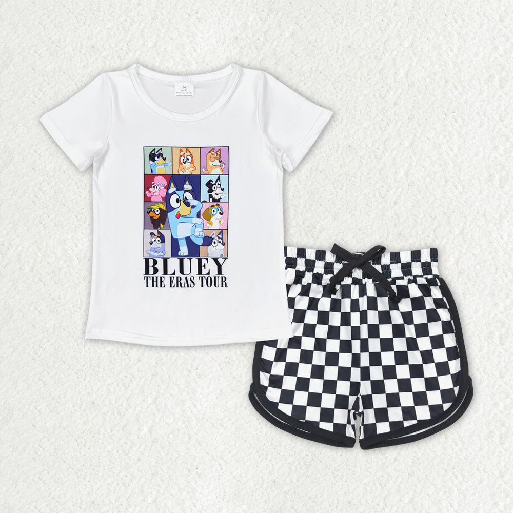 GSSO1447 Cartoon Dog ERAS Top Black Plaid Shorts Girls Summer Clothes Set