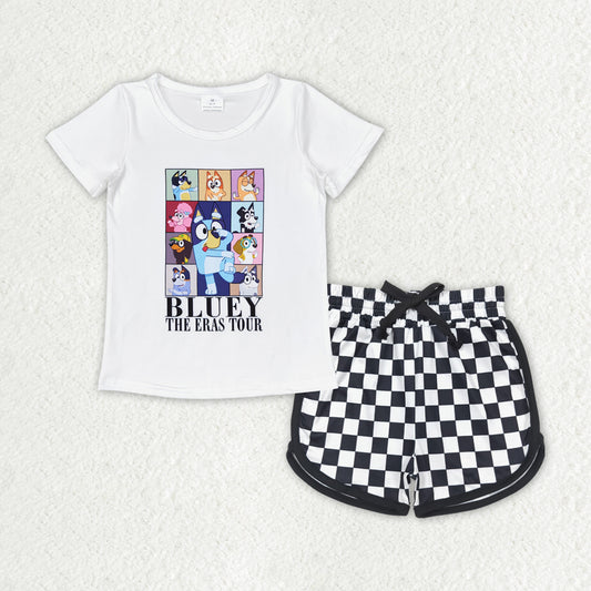 GSSO1447 Cartoon Dog ERAS Top Black Plaid Shorts Girls Summer Clothes Set