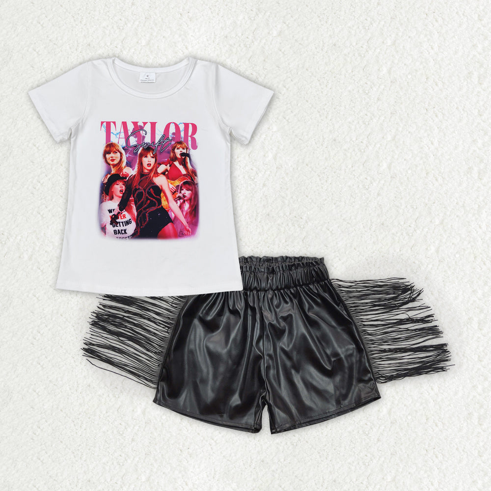 GSSO1451 Singer Swiftie Top Black Tassels Shorts Girls Summer Outfits