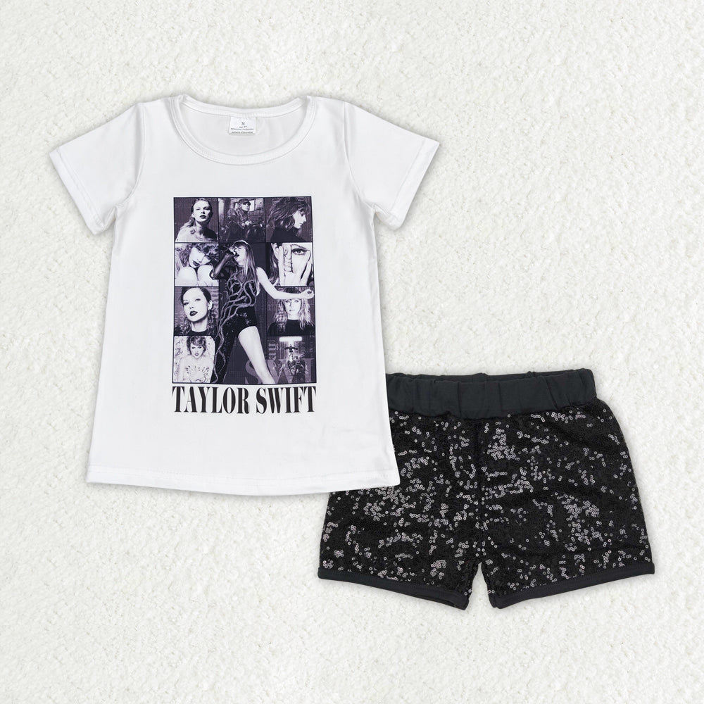 GSSO1458 Singer Swiftie Top Black Sequin Shorts Girls Summer Clothes Sets
