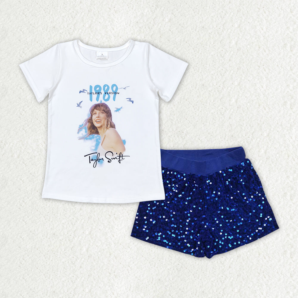 GSSO1459 Singer Swiftie 1989 Top Blue Sequin Shorts Girls Summer Clothes Sets