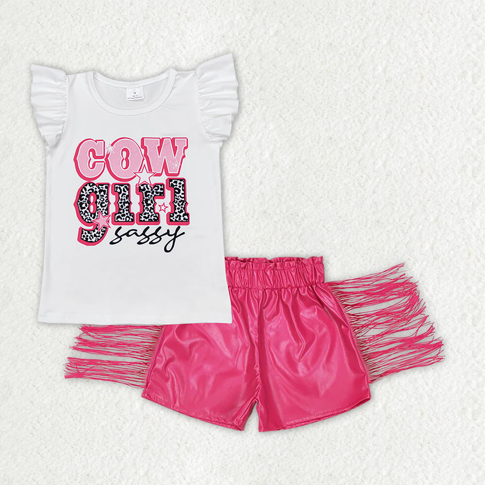 GSSO1460 Cow Girl Sassy Top Hotpink Tassels Shorts Girls Summer Outfits