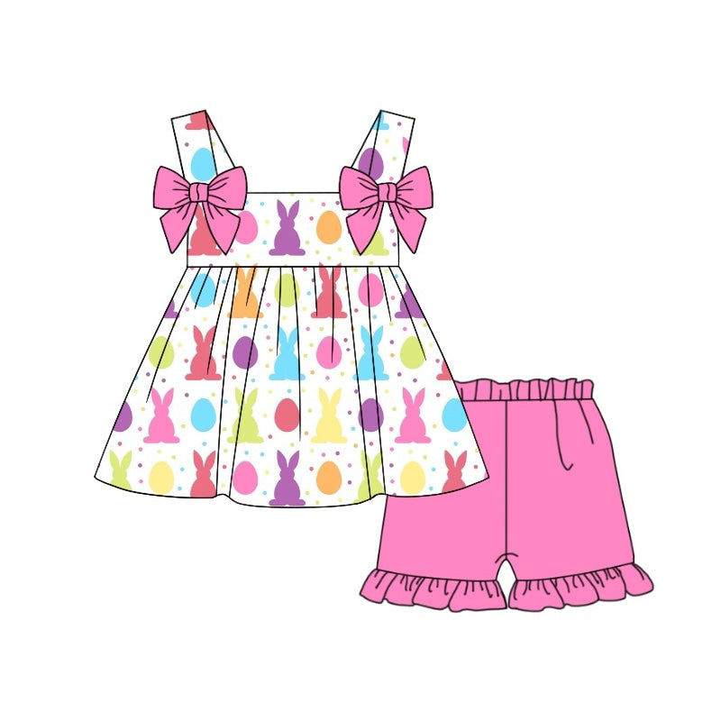 (Pre-order)GSSO1463 Colorful Bunny Eggs Tunic Top Hotpink Shorts Girls Easter Clothes Set