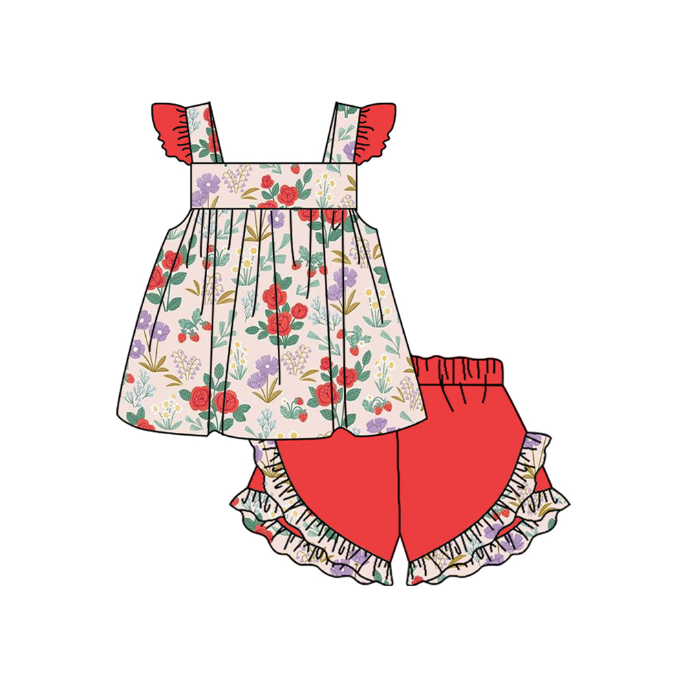 (Pre-order)GSSO1465 Flowers Tunic Top Red Shorts Girls Summer Clothes Set
