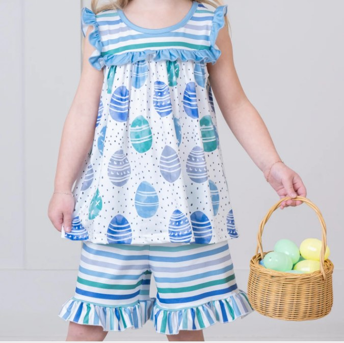 (Pre-order)GSSO1467 Blue Eggs Top Stripes Shorts Girls Easter Clothes Set