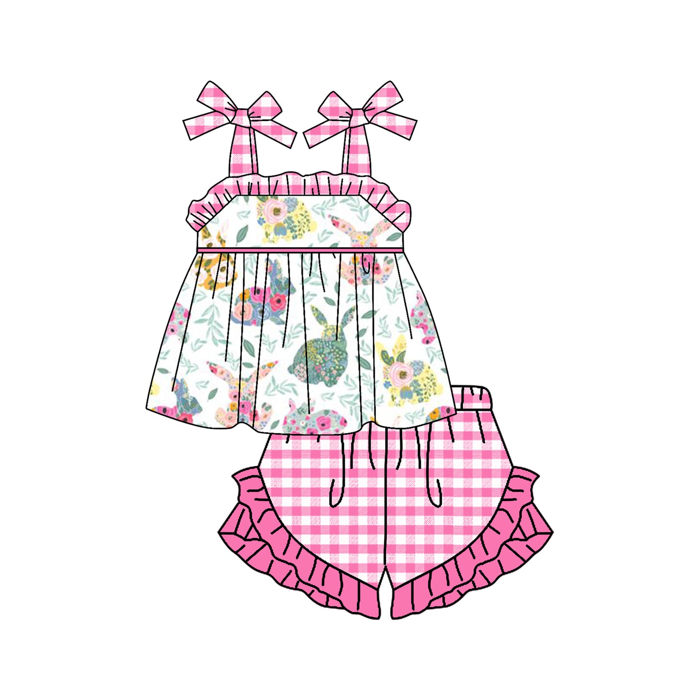 (Pre-order)GSSO1468 Flowers Bunny Top Plaid Shorts Girls Easter Clothes Set