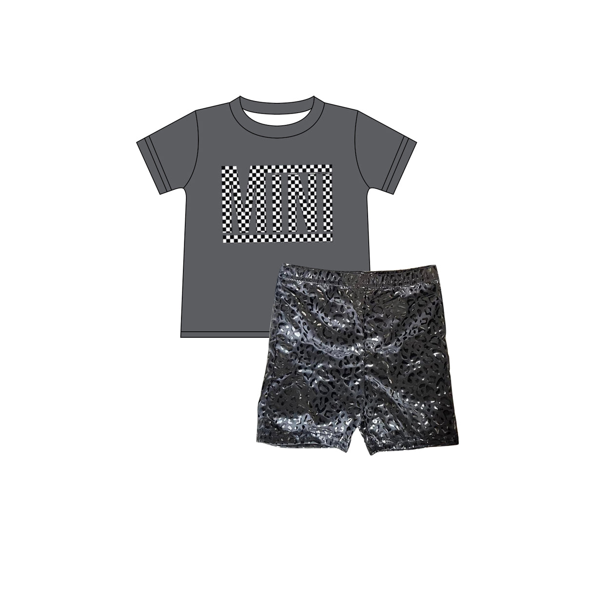 (Pre-order)GSSO1483 MINI Gray Top Black Leopard Shorts Girls Summer Clothes Set