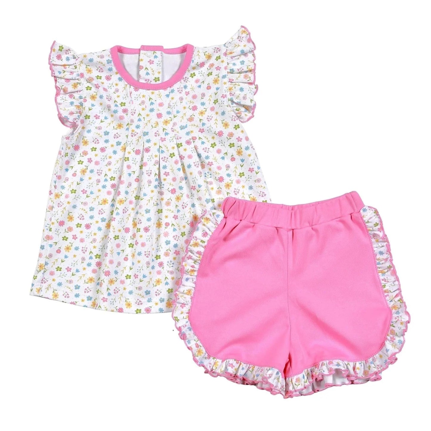 (Pre-order)GSSO1491 Small Flowers Top Pink Ruffle Shorts Girls Summer Clothes Set
