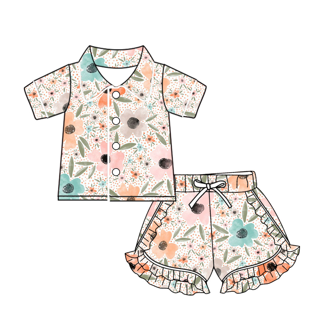 (Pre-order)GSSO1494 Flowers Print Girls Summer Pajamas Clothes Set