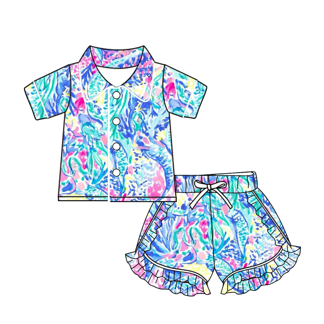 (Pre-order)GSSO1495 Seaweed Flowers Print Girls Summer Pajamas Clothes Set