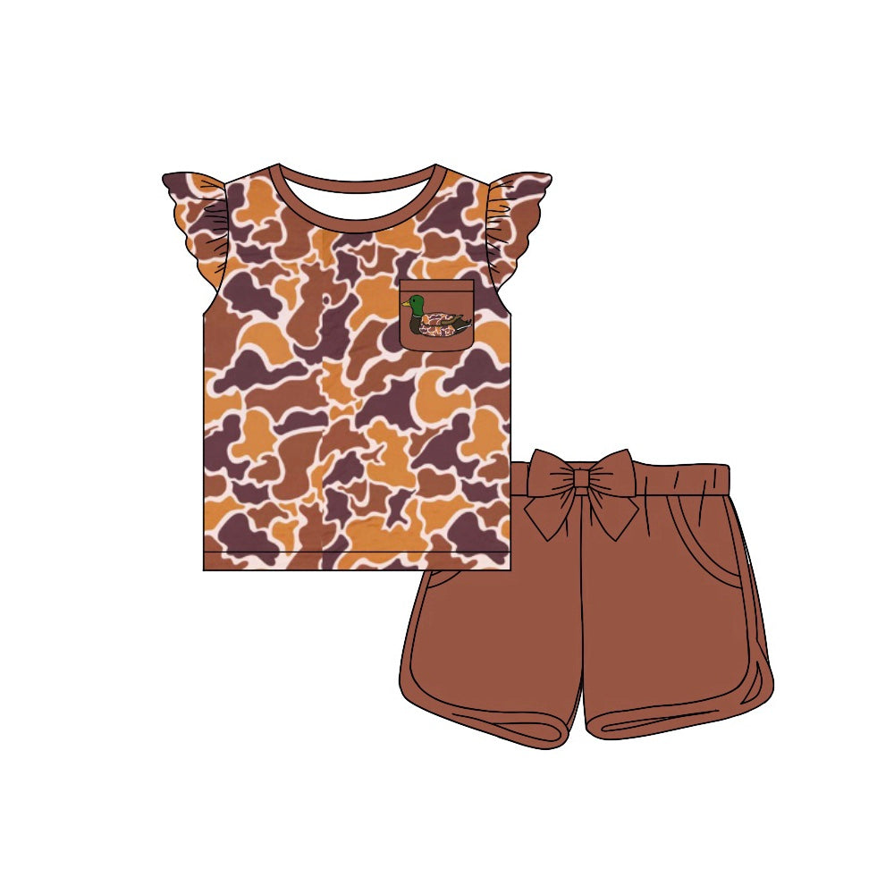 (Pre-order)GSSO1506 Duck Brown Camo Pocket Top Shorts Girls Summer Hunting Clothes Set