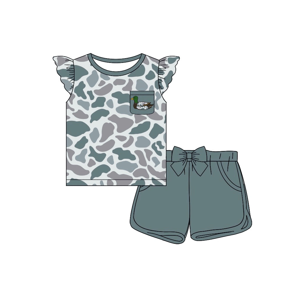 (Pre-order)GSSO1510 Duck Grey Camo Pocket Top Shorts Girls Summer Hunting Clothes Set