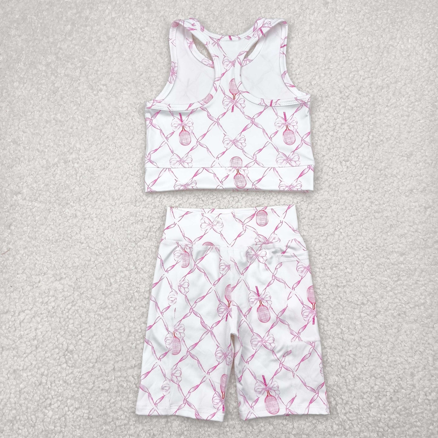 GSSO1544 Pink Tennis Bows Tank Top Shorts Girls Summer Yoga Clothes Set