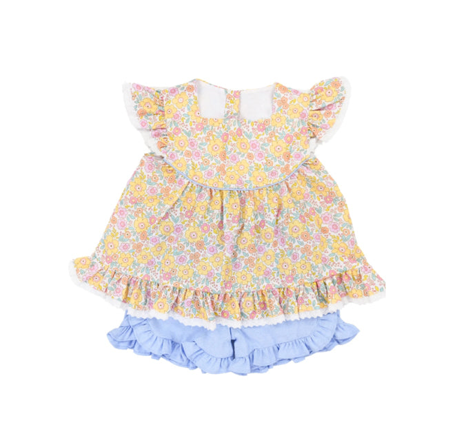 (Pre-order)GSSO1552 Yellow Flowers Tunic Top Blue Shorts Girls Summer Clothes Set