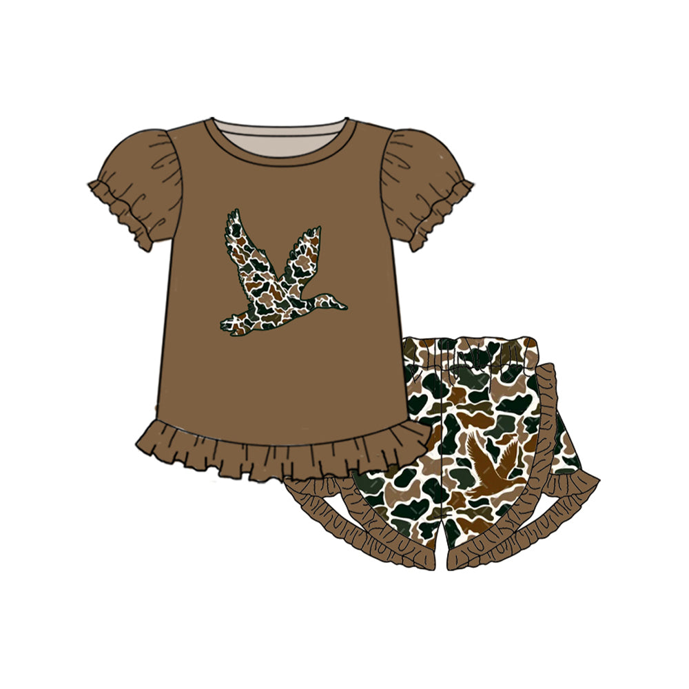 (Pre-order)GSSO1556 Duck Brown Top Camo Shorts Girls Summer Clothes Set