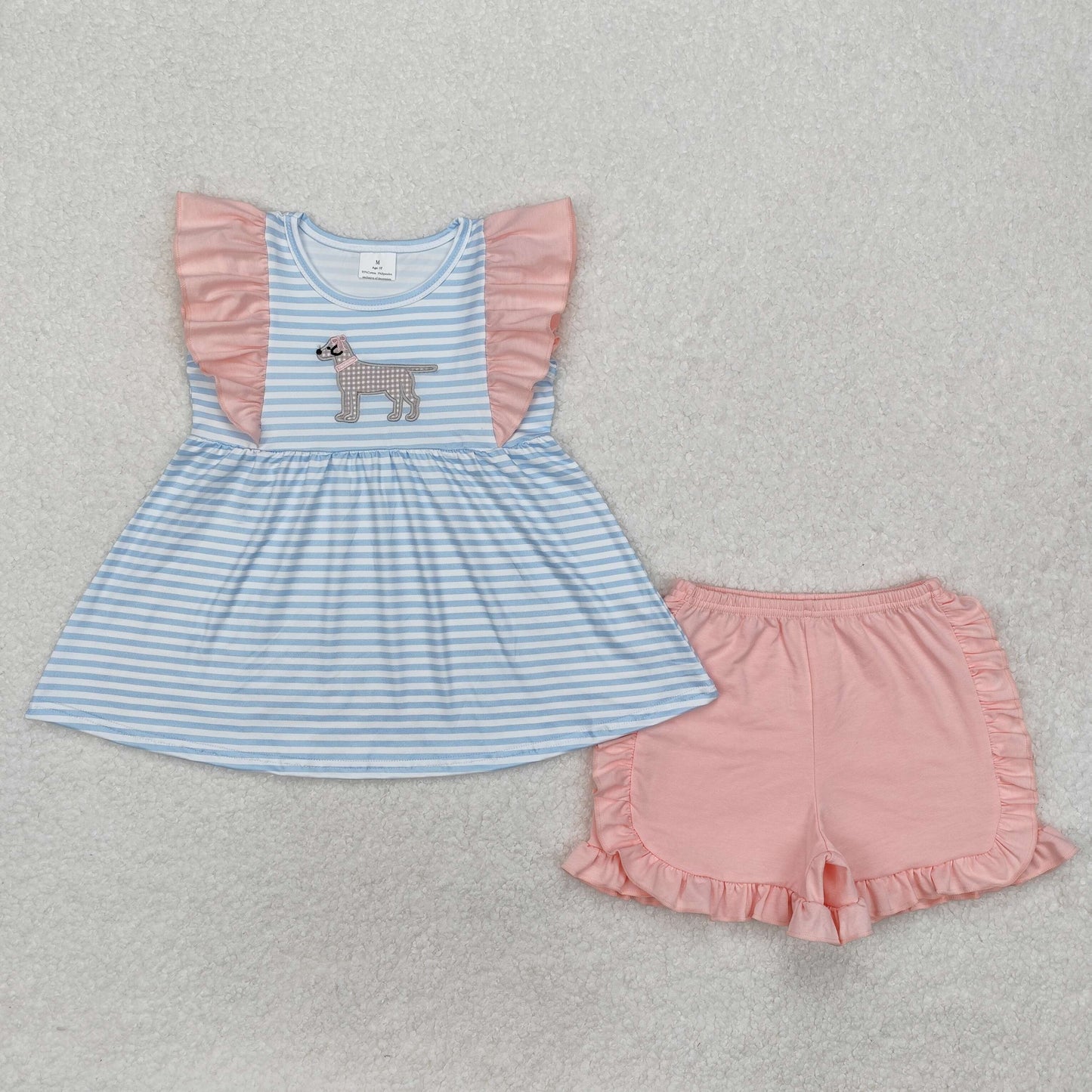 GSSO1563 Dog Embroidery Stripes Tunic Top Pink Skirts Girls Summer Clothes Set