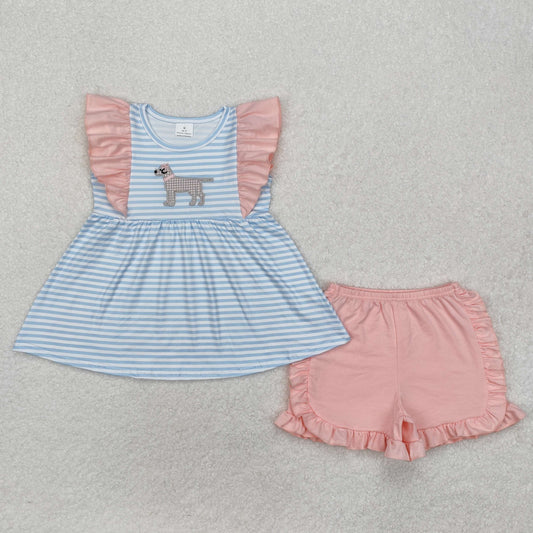 GSSO1563 Dog Embroidery Stripes Tunic Top Pink Skirts Girls Summer Clothes Set