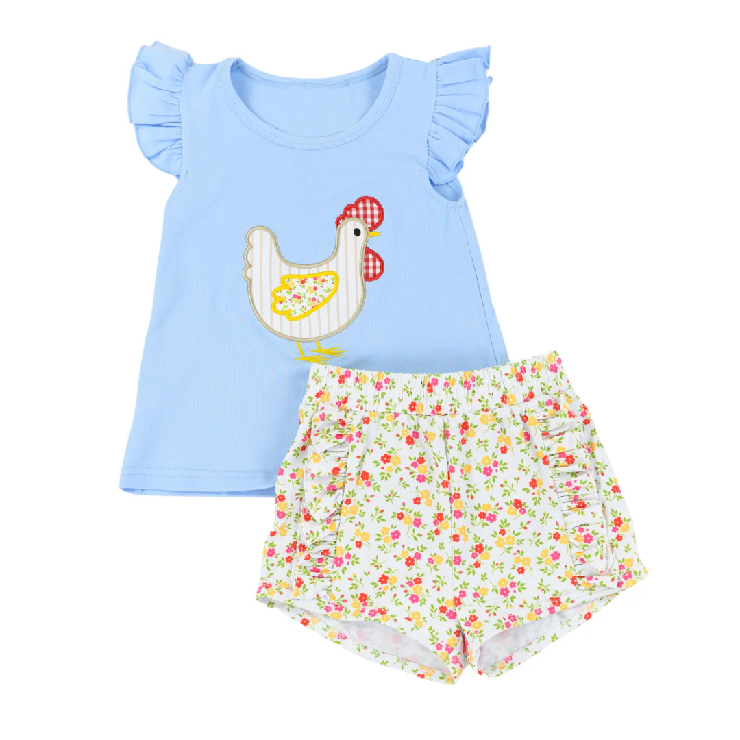 (Pre-order)GSSO1565 Chicken Blue Top Flowers Shorts Girls Easter Clothes Set