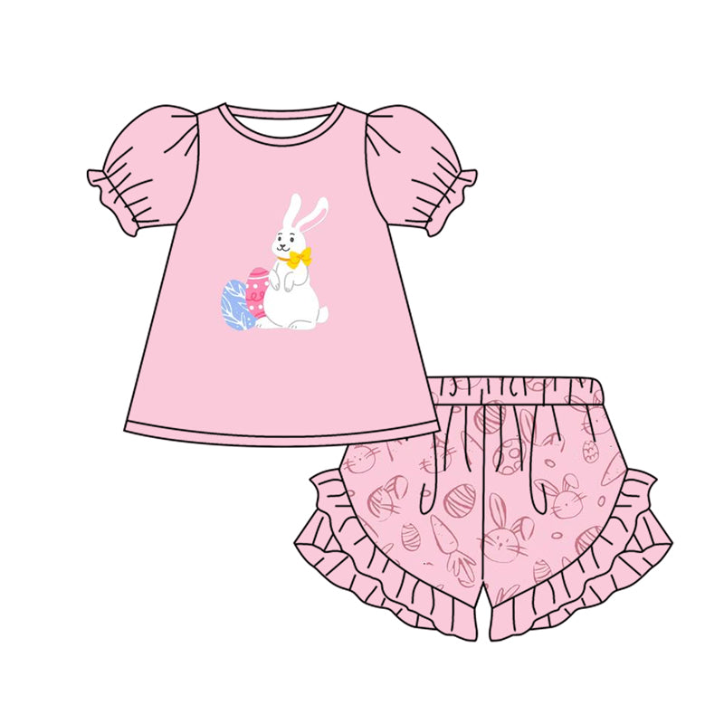 (Pre-order)GSSO1566 Bunny Eggs Top Pink Shorts Girls Easter Clothes Set