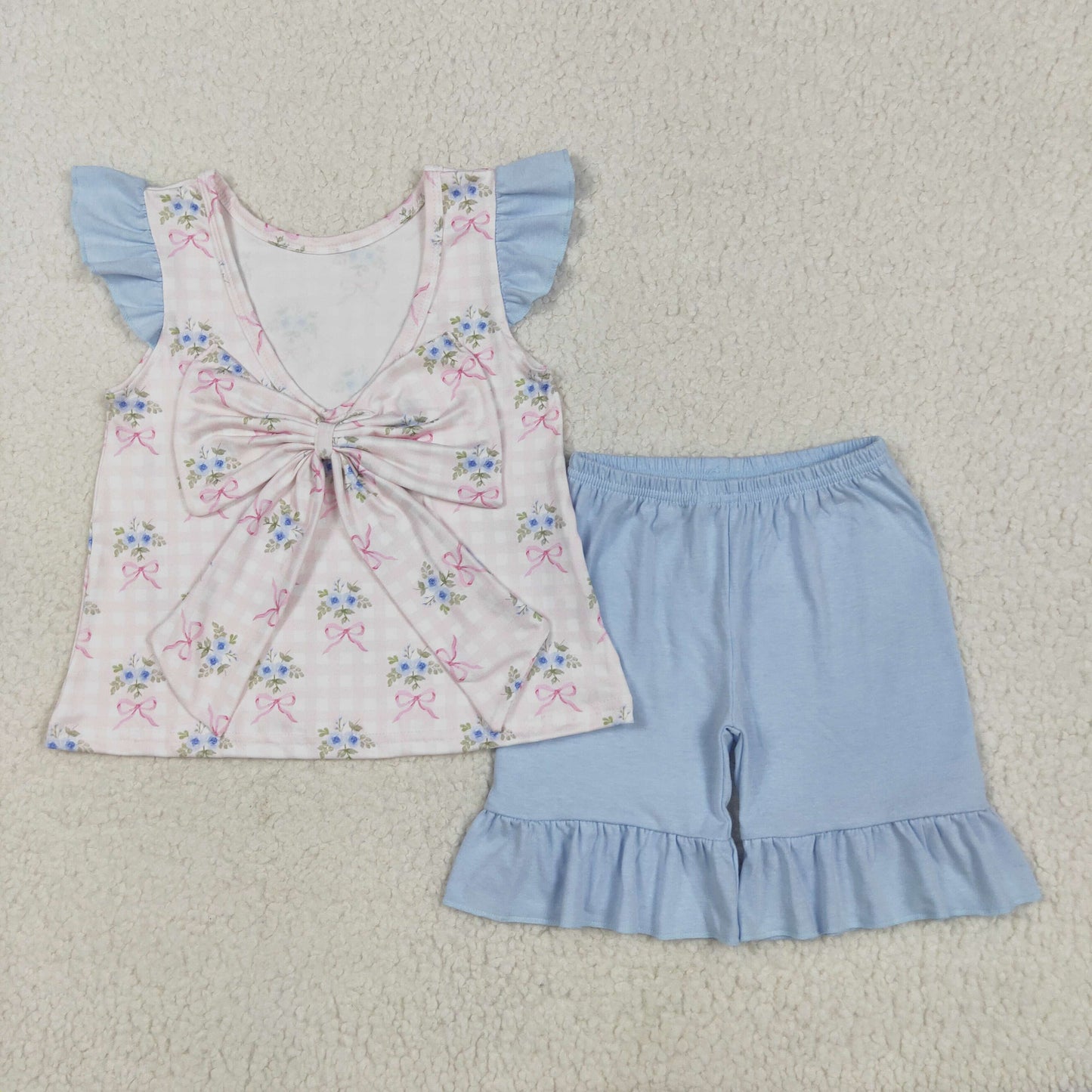 GSSO1577 Flowers Bows Top Blue Shorts Girls Summer Clothes Set