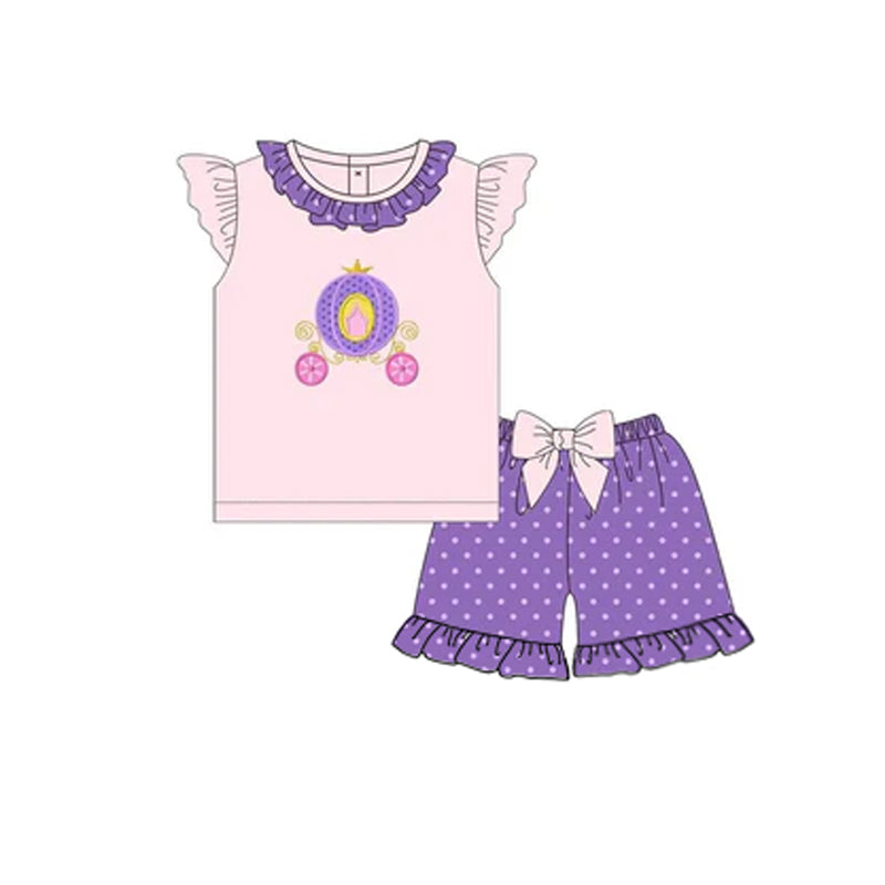 (Pre-order)GSSO1579 Cartoon Princess Car Top Dots Purple Shorts Girls Summer Clothes Set