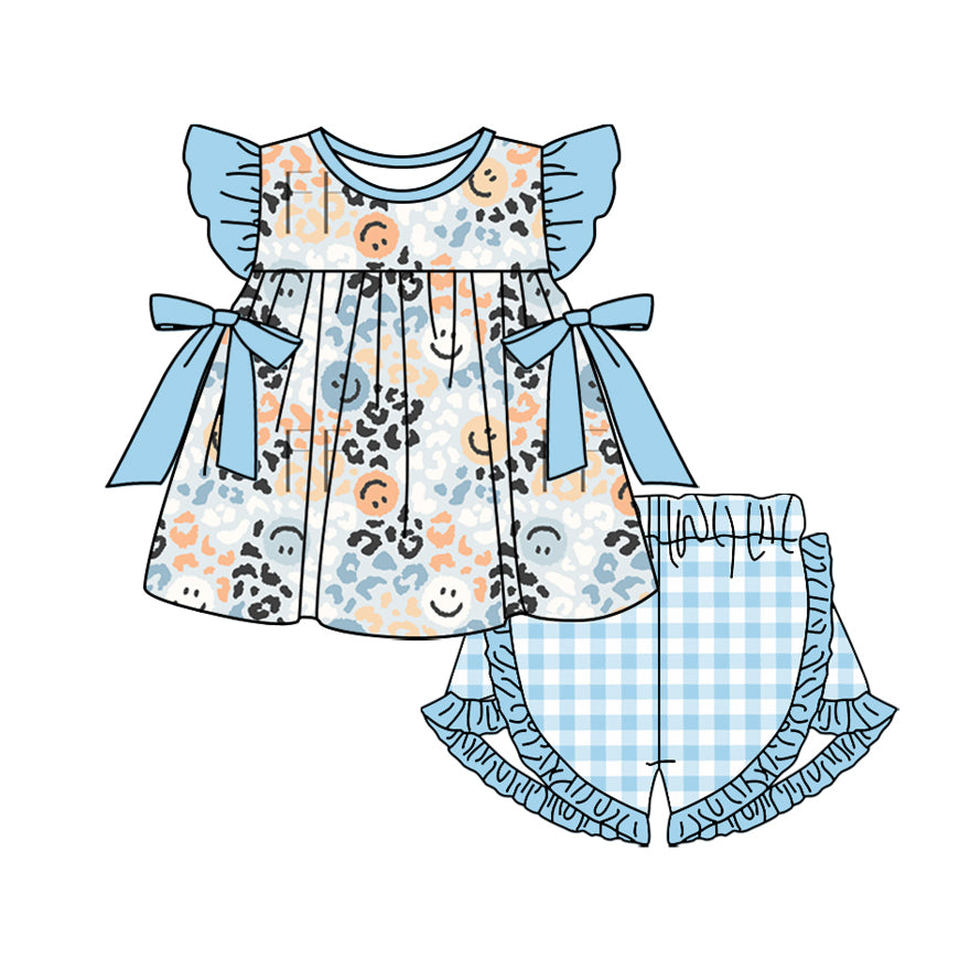 (Pre-order)GSSO1581 Smiling Face Leopard Tunic Top Plaid Shorts Girls Summer Clothes Set