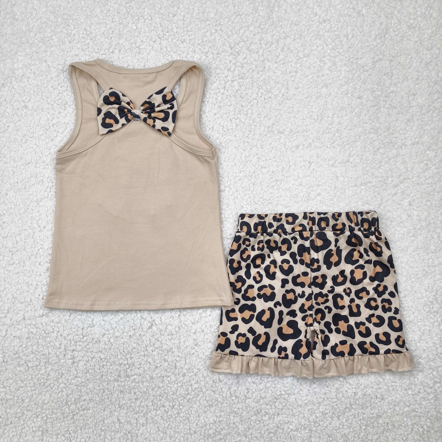 GSSO1603 Bow Embroidery Khaki Tank Top Leopard Shorts Girls Summer Clothes Set
