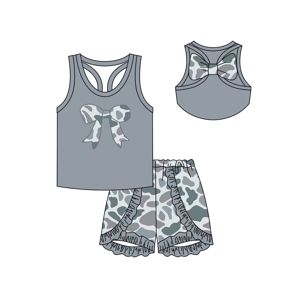 (Pre-order)GSSO1623 Grey Bow Vest Top Camo Shorts Girls Summer Clothes Set