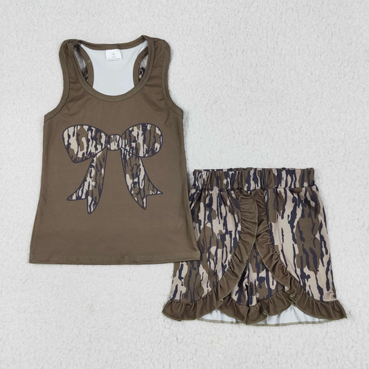 GSSO1627 Bow Vest Top Camo Shorts Girls Summer Clothes Set