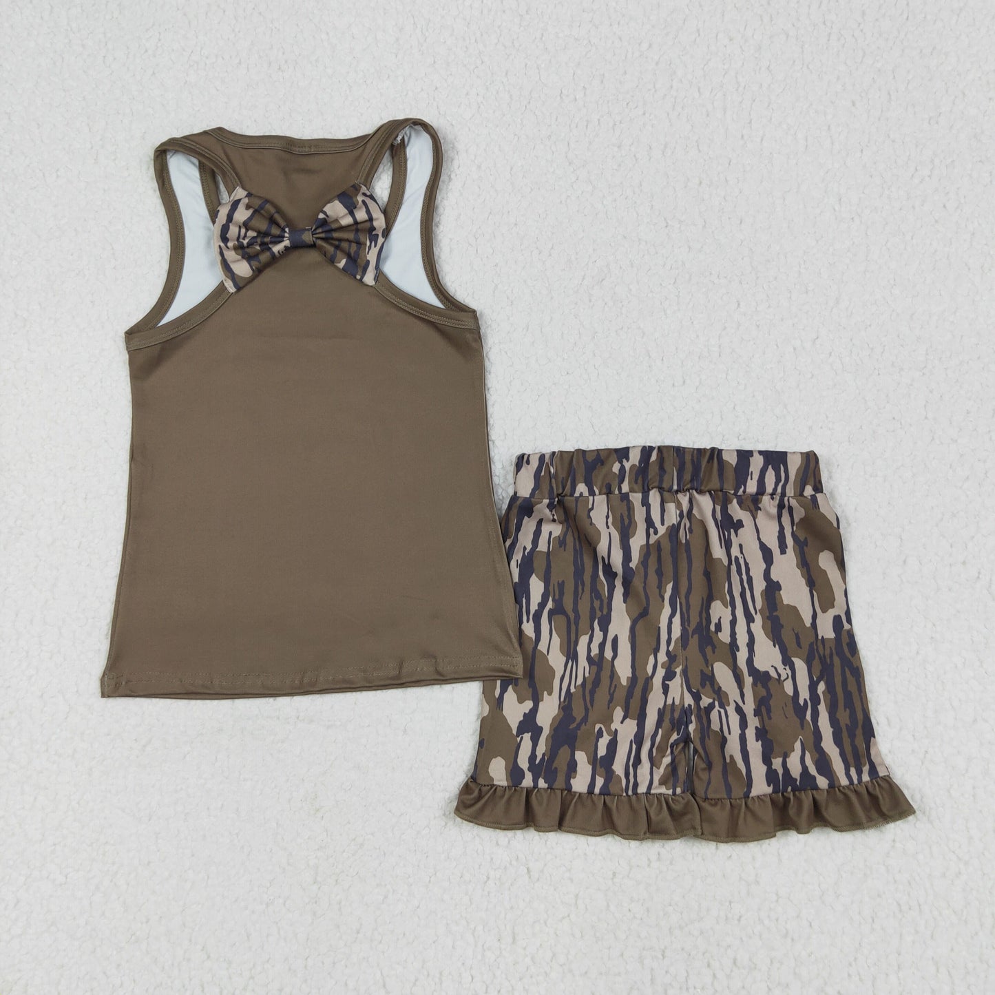 2 Colors Camo Bows Shorts Girls Summer Clothes Set Sisters Wear