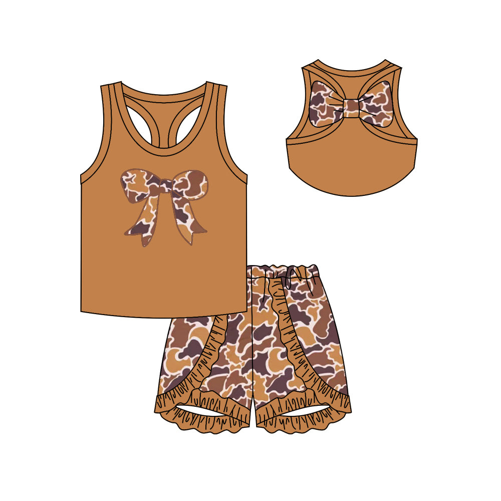 (Pre-order)GSSO1628 Brown Bow Vest Top Camo Shorts Girls Summer Clothes Set