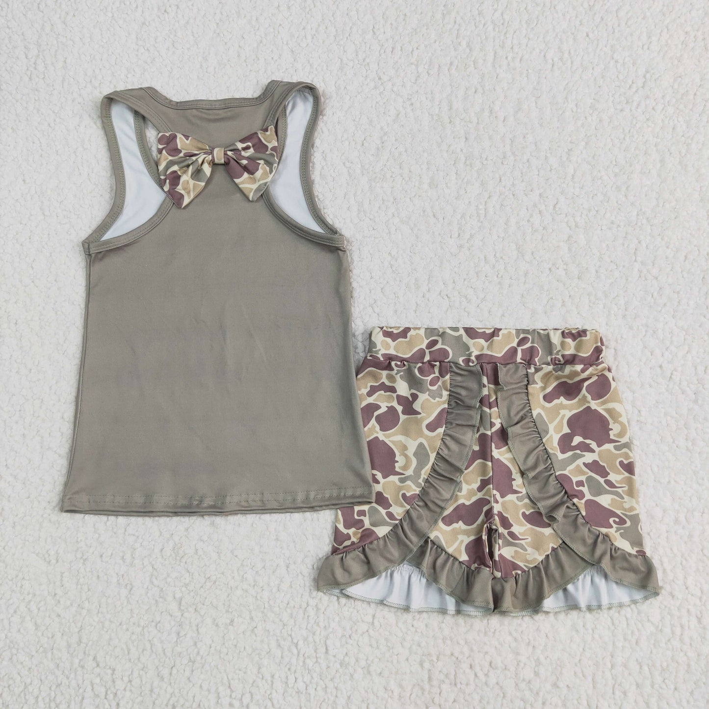 2 Colors Camo Bows Shorts Girls Summer Clothes Set Sisters Wear