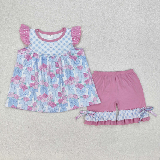 GSSO1642 Flowers Bows Tunic Top Ruffle Shorts Girls Summer Clothes Set