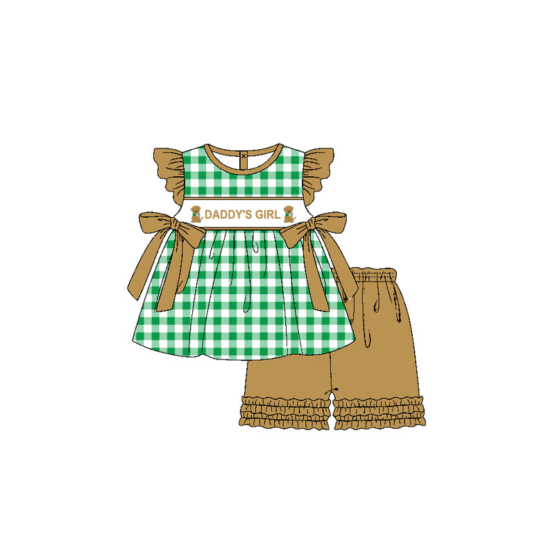 (Pre-order)GSSO1645 Daddy's Girl Dog Green Plaid Tunic Top Ruffle Shorts Girls Summer Clothes Set