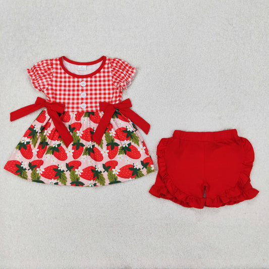 GSSO1648 Strawberry Flowers Top Red Shorts Girls Summer Clothes Set