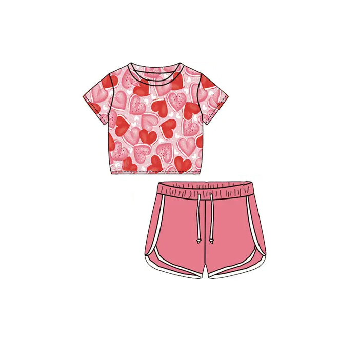 (Pre-order)GSSO1656 Heart Pink Print Girls Valentine's Day Sports Clothes Set