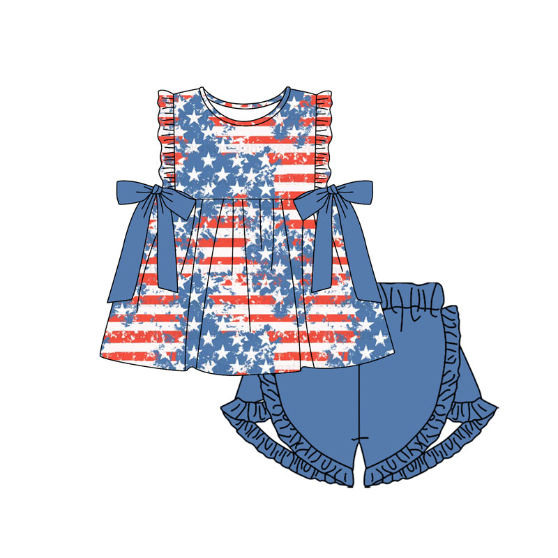 (Pre-order)GSSO1665 Stars Stripes Tunic Top Blue Shorts Girls 4th of July Clothes Set